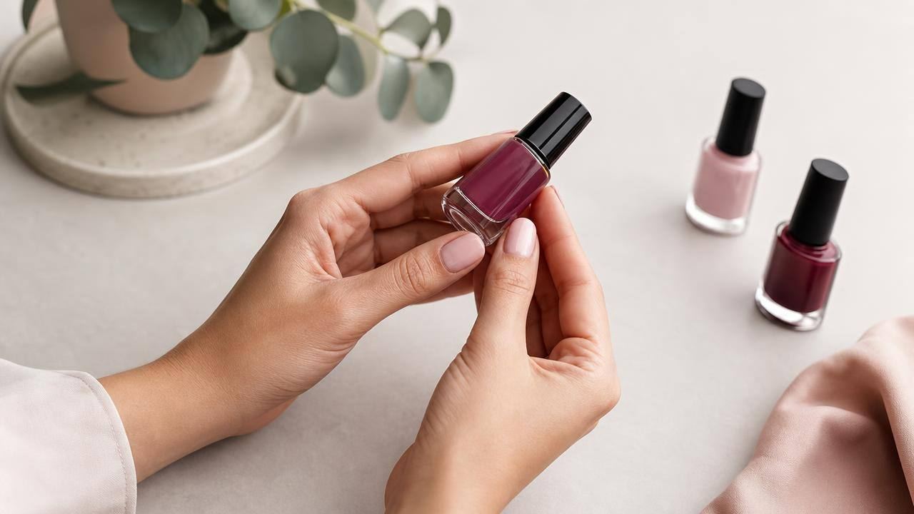 Pessoa analisando o rótulo de um esmalte ao lado de frascos de esmalte em fundo claro