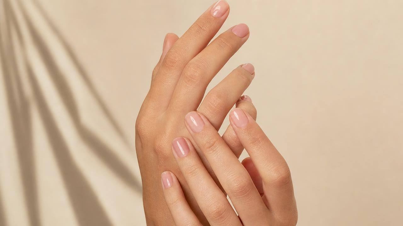 Mãos com unhas naturais esmaltadas em tom nude suave, em composição limpa e elegante
