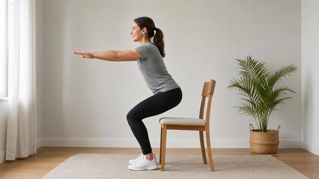 Pessoa adulta realizando exercício de sentar e levantar com uma cadeira firme em ambiente residencial claro e organizado