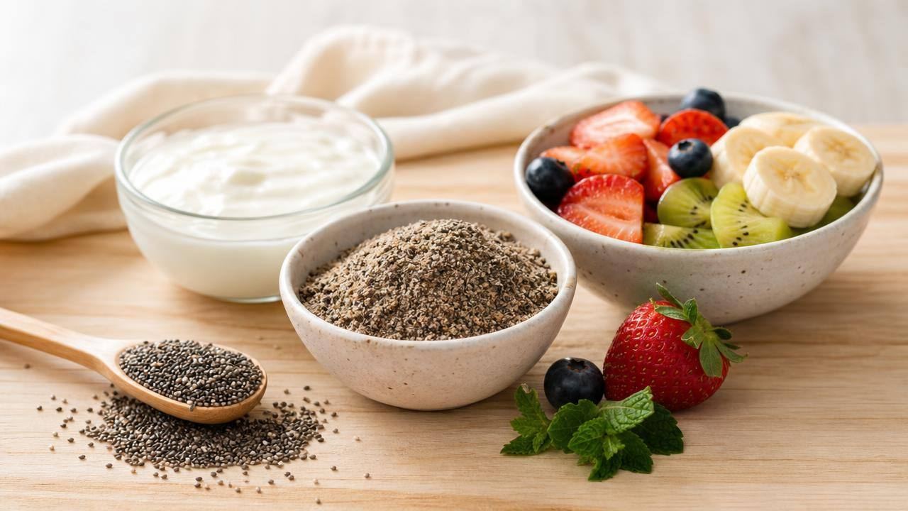 Tigela com farinha de chia, sementes de chia, iogurte natural e frutas sobre mesa clara