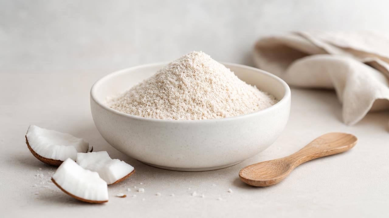 Tigela com farinha de coco e pequenos pedaços de coco sobre bancada clara, em composição limpa e editorial