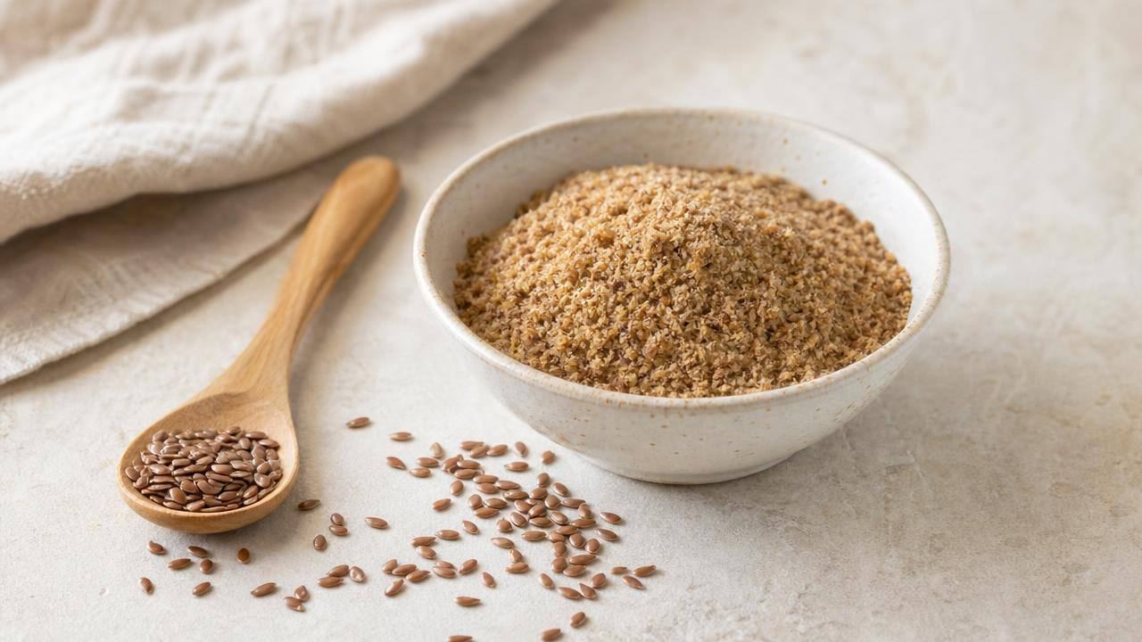 Tigela com farinha de linhaça ao centro, colher de madeira e sementes de linhaça em fundo claro