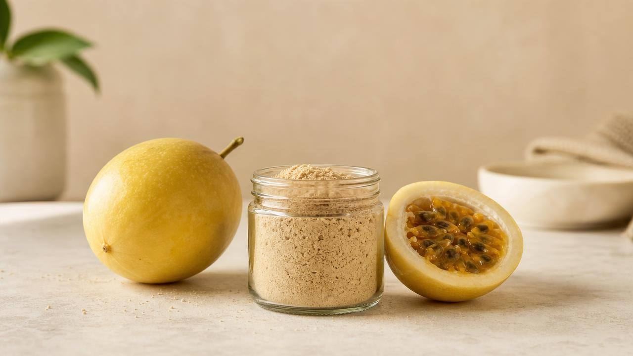 Pote de vidro com farinha de casca de maracujá ao lado de um maracujá amarelo cortado, em fundo claro e limpo