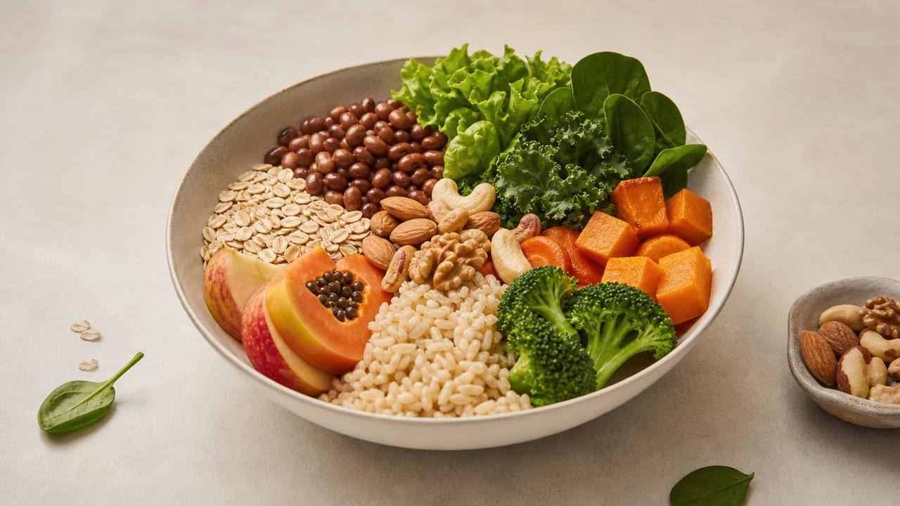 Tigela centralizada com feijão, aveia, frutas, verduras e pão integral, representando uma alimentação rica em fibras