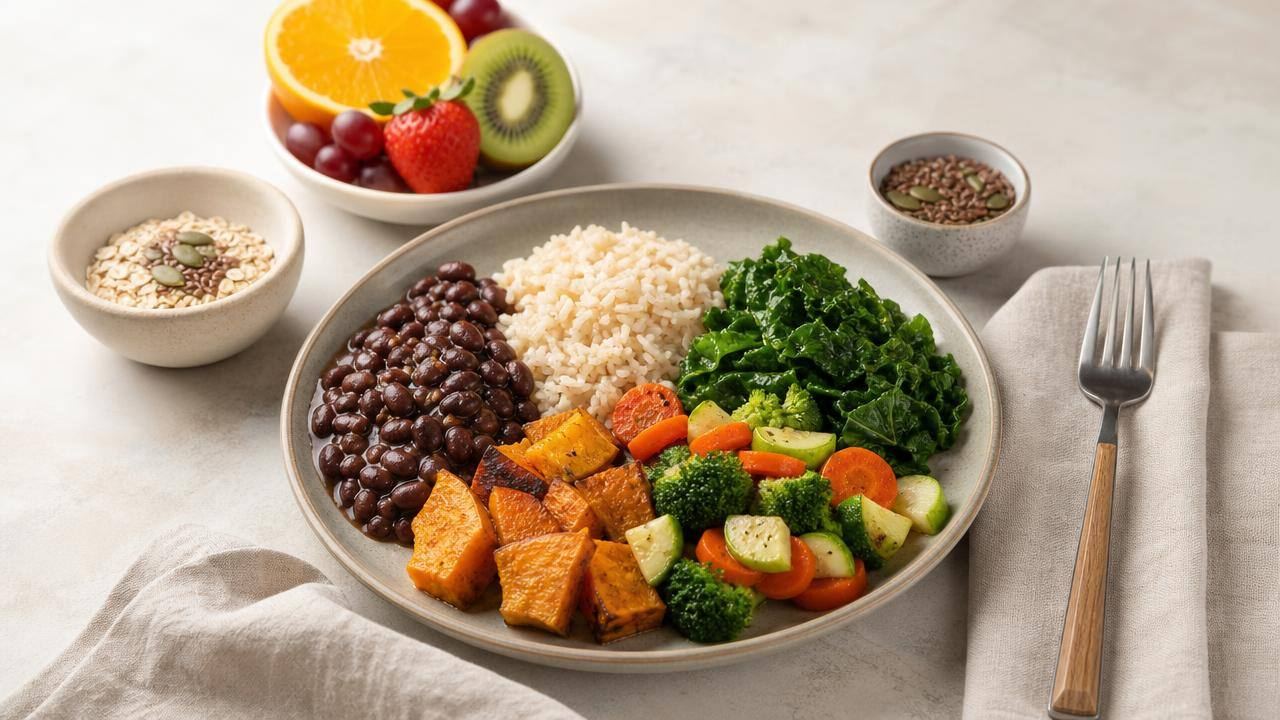 Prato equilibrado com feijão, arroz integral, verduras, frutas e aveia, representando alimentos ricos em fibras para a microbiota intestinal.
