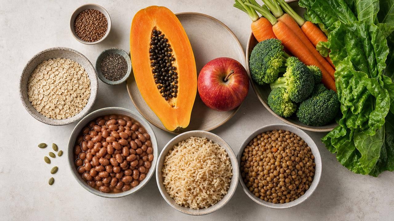 Alimentos ricos em fibras organizados em uma mesa, com aveia, feijão, frutas, verduras e sementes