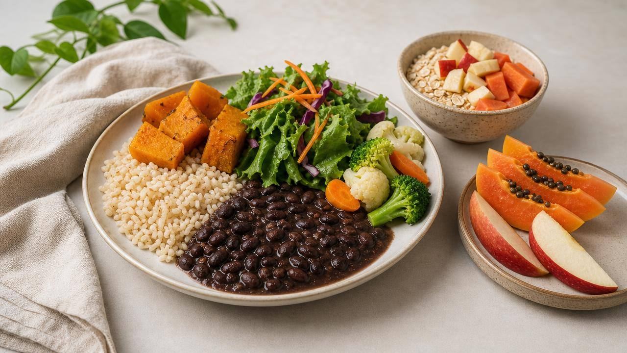 Prato equilibrado com feijão, arroz integral, vegetais, frutas e aveia, representando fontes de fibras alimentares
