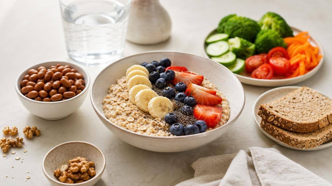 Tigela com aveia, frutas, feijão e vegetais representando alimentos ricos em fibras para saúde intestinal e saciedade.
