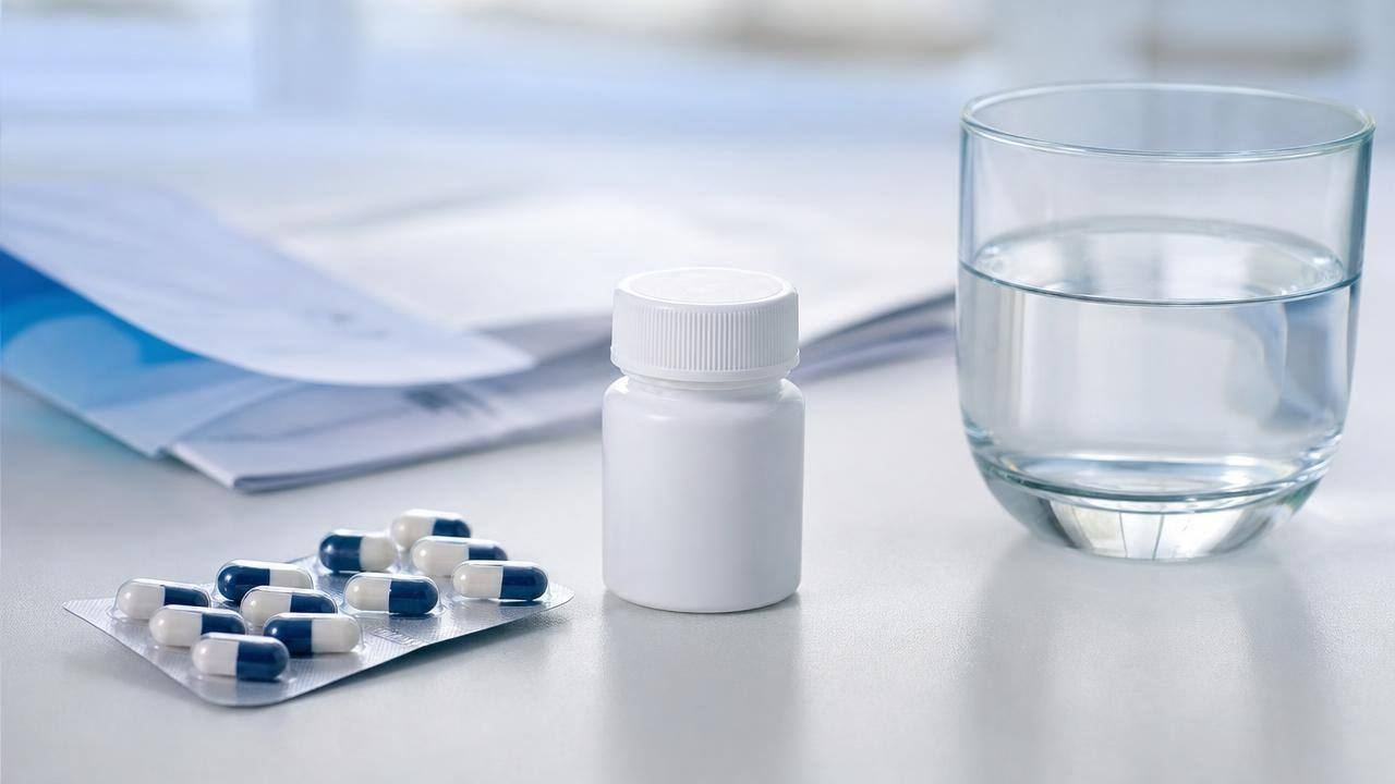 Cápsulas e cartela de medicamento em uma mesa clara, com foco em uso responsável de fluoxetina