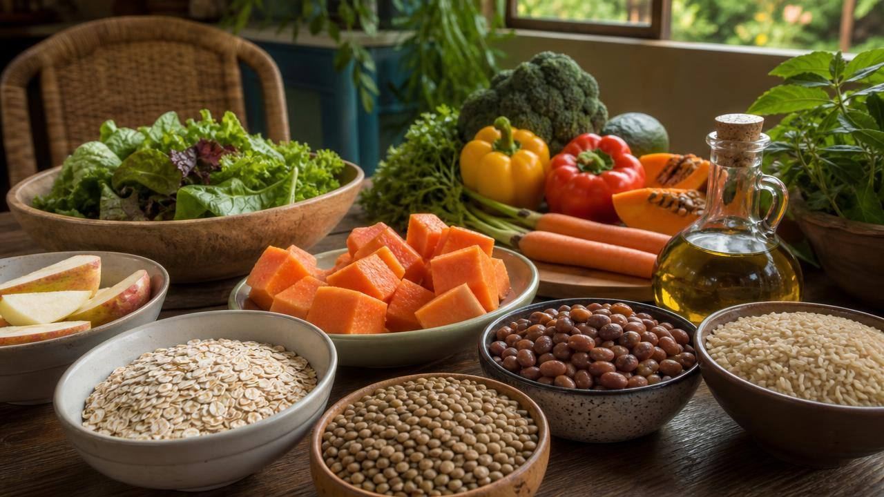 Mesa com aveia, feijão, frutas, verduras e pão integral em composição horizontal realista