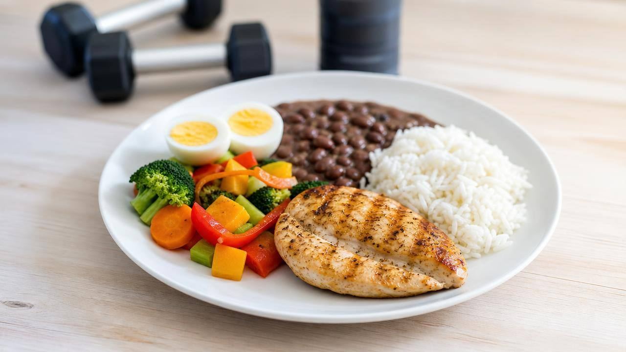 Prato equilibrado com frango, arroz, feijão, legumes e ovos, representando foco em proteína para ganho muscular
