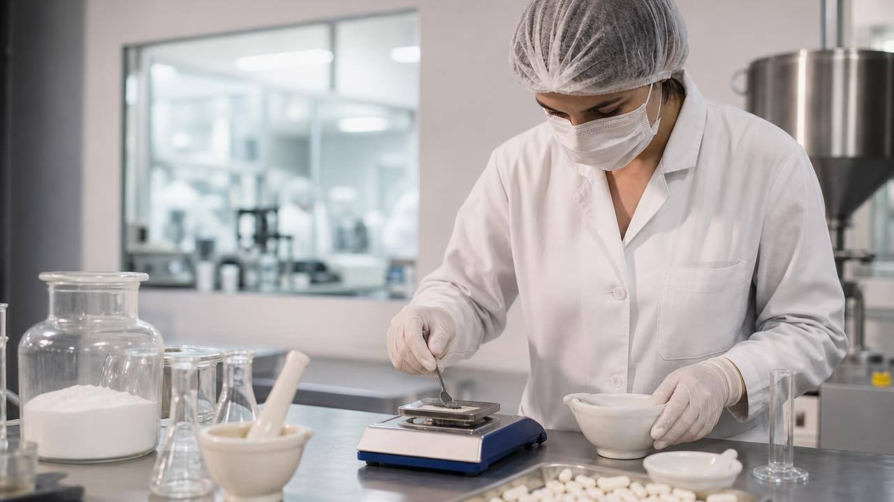 Farmacêutica preparando cápsulas em uma farmácia de manipulação organizada