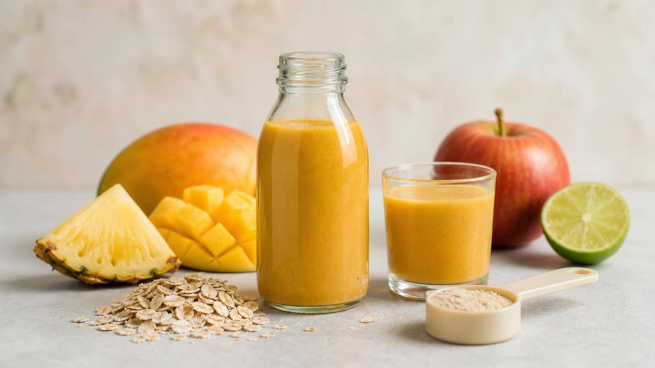 Frasco sem marca ao lado de copo pequeno e alimentos naturais em bancada clara, representando avaliação cuidadosa de shots para emagrecer.