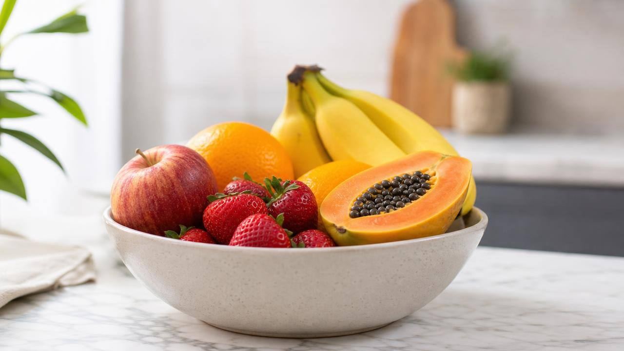 Bowl centralizado com maçã, banana, mamão, morangos e laranja frescos sobre mesa clara