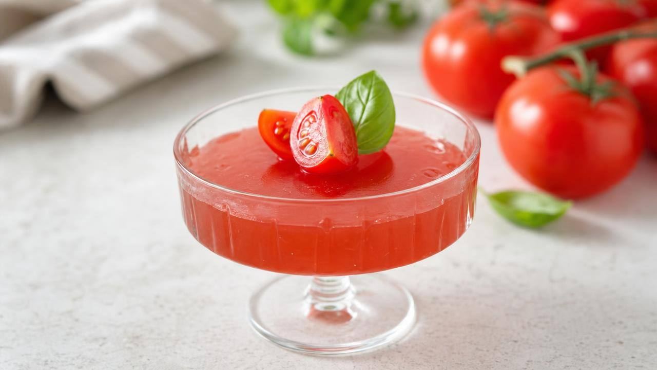 Taça de gelatina de tomate caseira decorada com tomate-cereja e ervas frescas sobre mesa clara