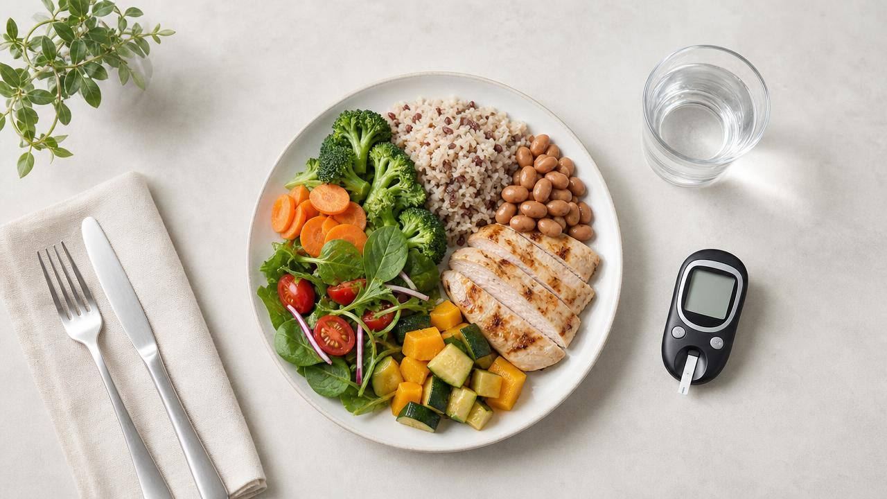 Pessoa montando uma refeição equilibrada com vegetais, grãos integrais e medidor de glicose ao lado