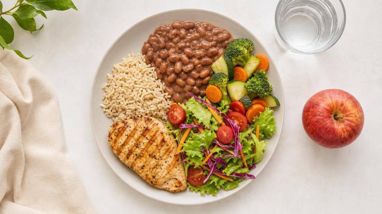 Prato equilibrado com arroz, feijão, legumes e proteína, representando controle de picos de açúcar no sangue