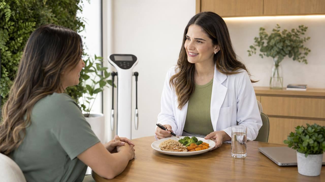 Pessoa adulta em consulta nutricional analisando um prato equilibrado e dados de composição corporal
