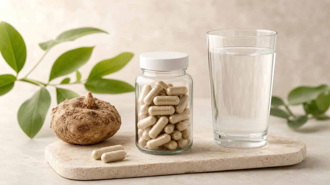 Frasco neutro de cápsulas de glucomannan ao lado de um copo de água e raiz de konjac, em composição editorial limpa.