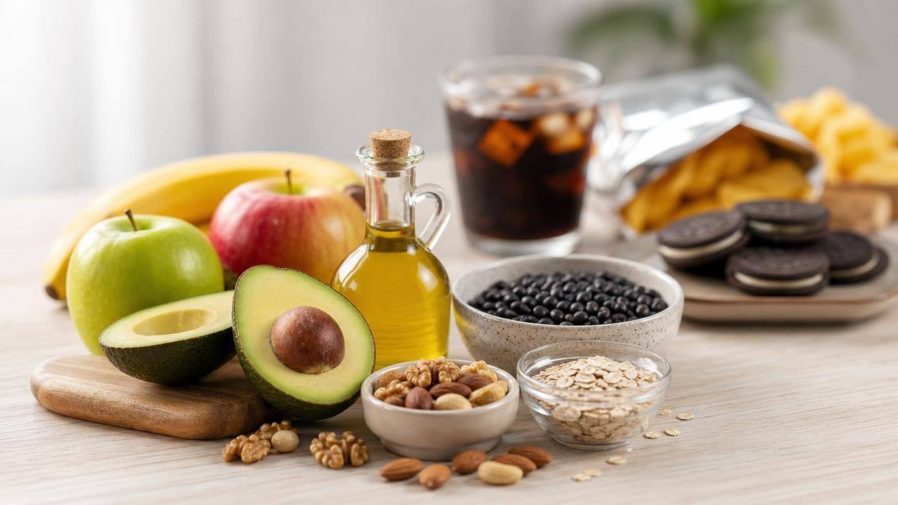 Prato equilibrado com abacate, castanhas, frutas inteiras e azeite ao lado de alimentos ultraprocessados em menor destaque