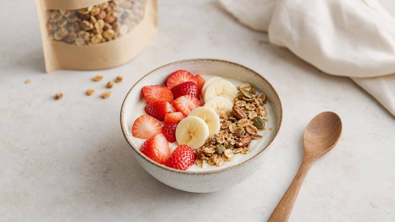Tigela de iogurte natural com frutas frescas e pequena porção de granola em mesa clara