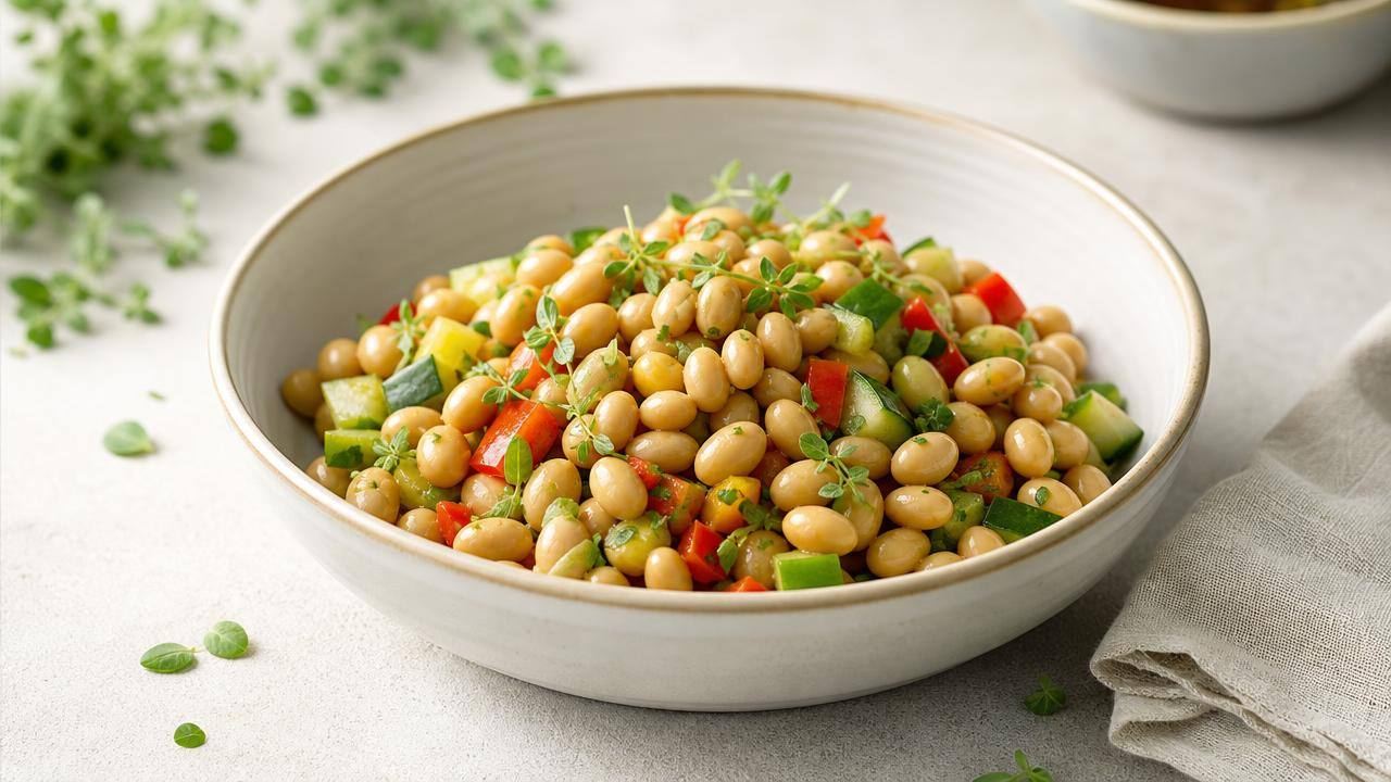 Tigela com grãos de soja cozidos, ervas e legumes em fundo claro
