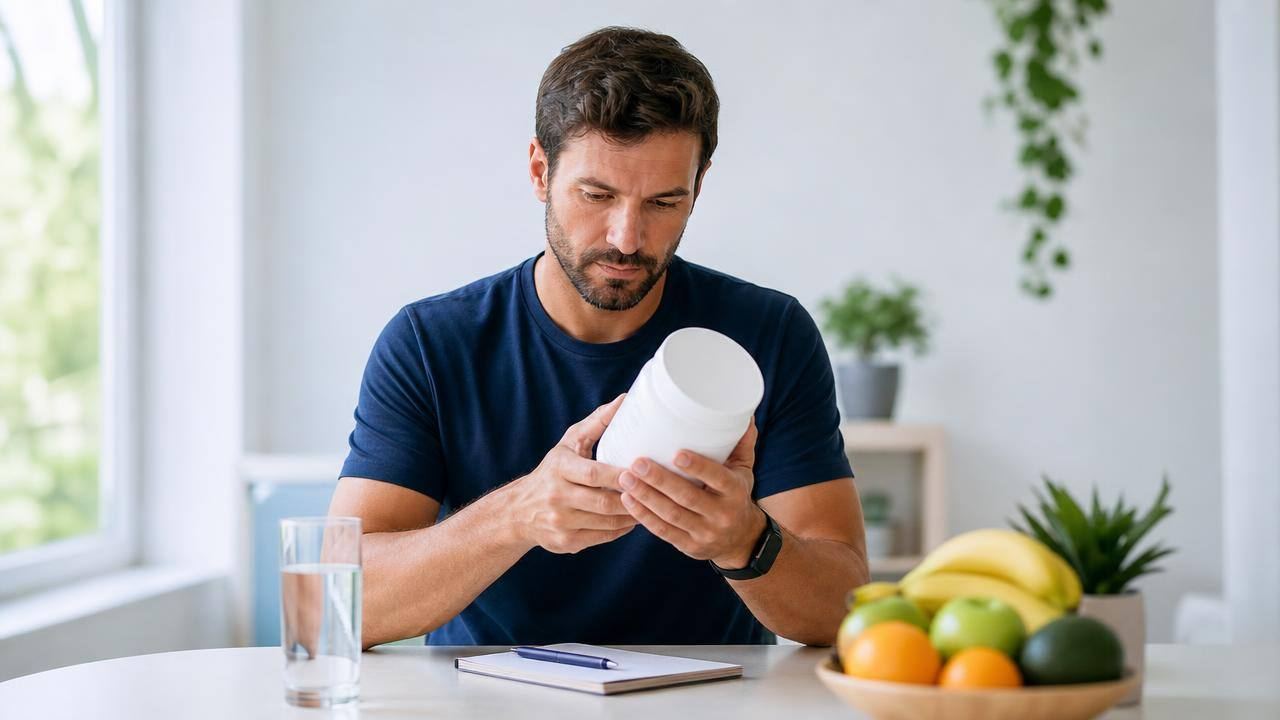 Pessoa analisando o rótulo de um suplemento alimentar ao lado de um copo de água e alimentos