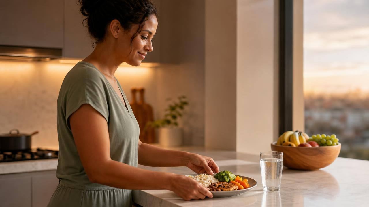 Pessoa organizando um jantar equilibrado em uma cozinha clara no início da noite