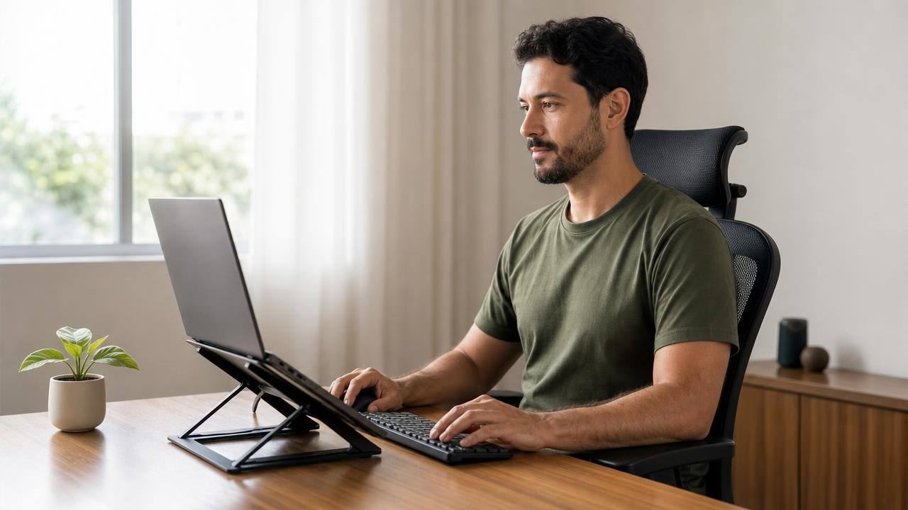 Profissional trabalhando em home office em mesa organizada, com notebook em suporte e ambiente iluminado