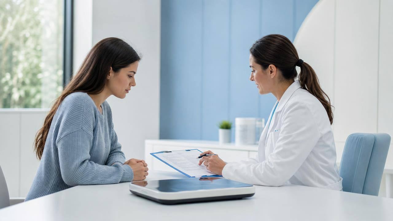 Pessoa em consulta médica conversando sobre medicamentos para emagrecer, com balança e prontuário ao fundo