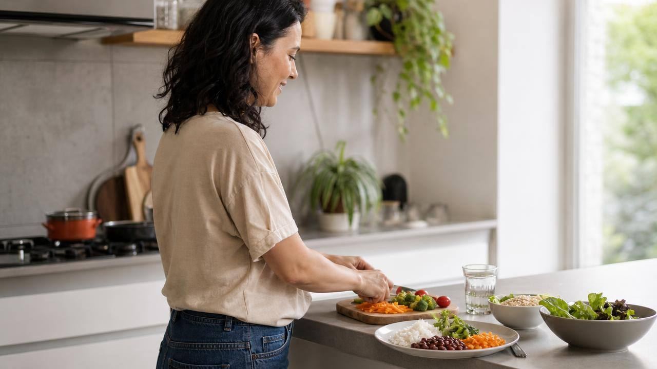 Pessoa adulta preparando uma refeição equilibrada com legumes, grãos e água em uma cozinha clara