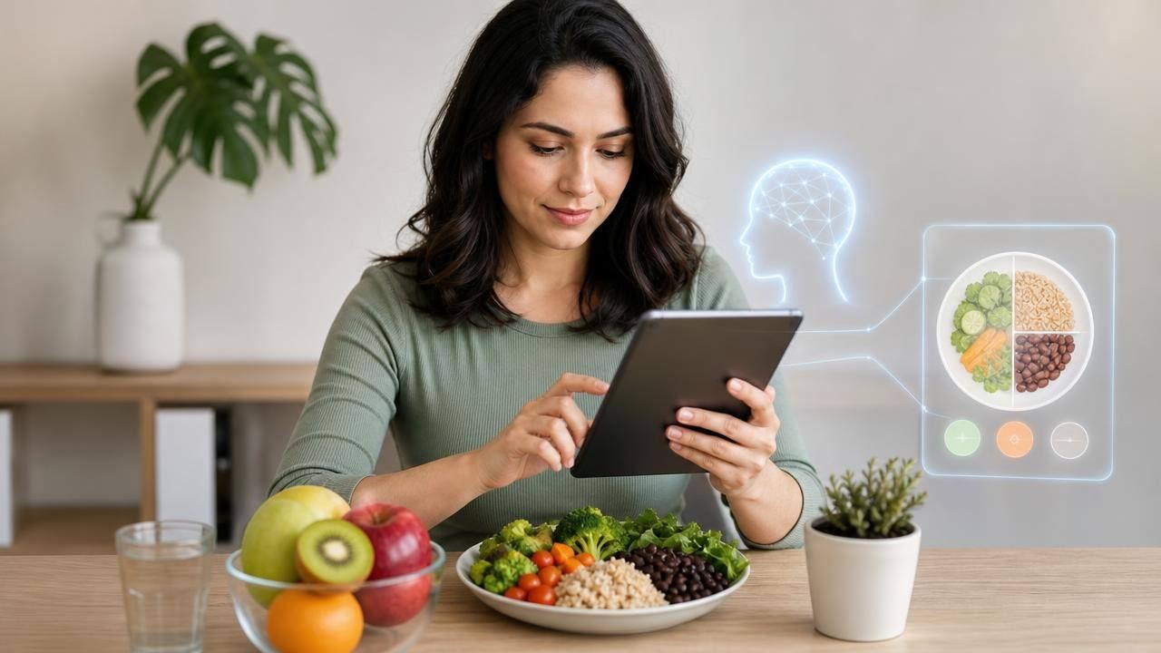 Pessoa consultando uma ferramenta de inteligência artificial para organizar refeições saudáveis em uma mesa com alimentos naturais