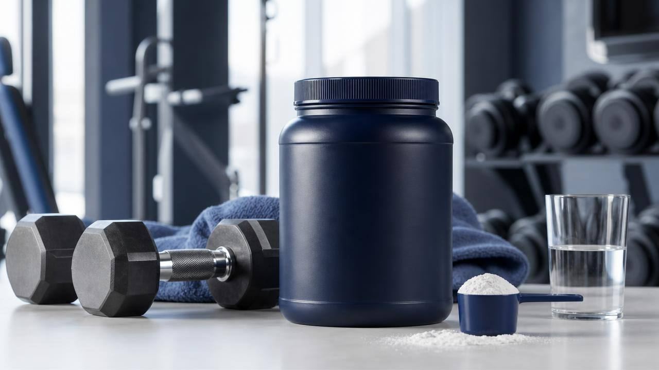 Pote genérico de suplemento pré-treino ao lado de halteres e rótulo nutricional em ambiente de academia