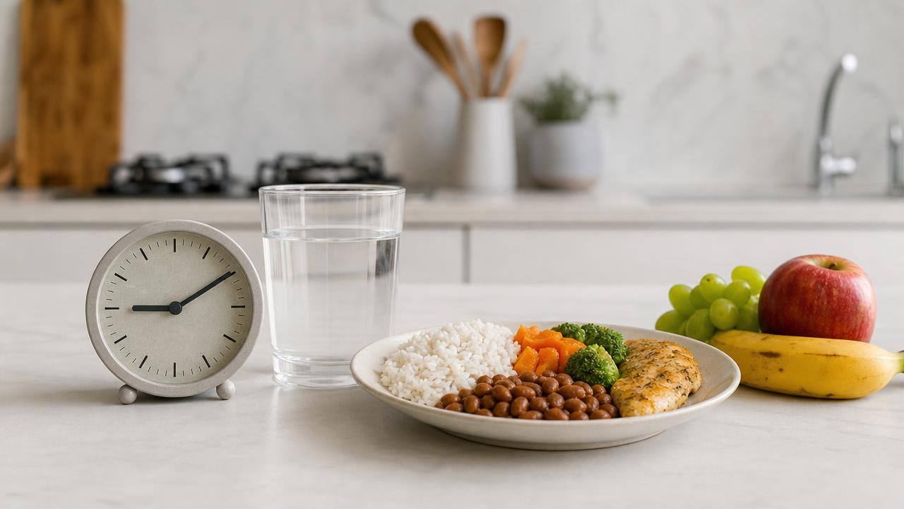 Relógio marcando uma janela de jejum ao lado de copo de água, frutas e refeição caseira equilibrada