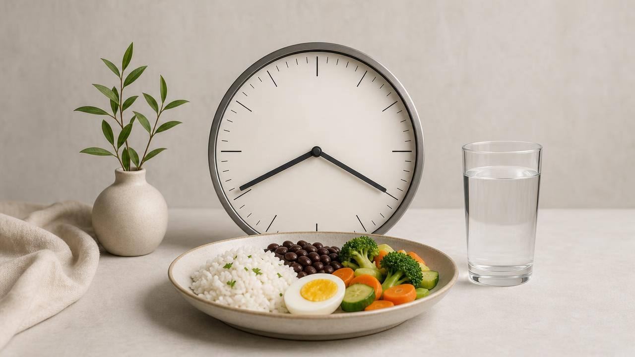 Relógio de mesa, copo de água e refeição equilibrada com alimentos naturais, representando o jejum intermitente de 12 horas