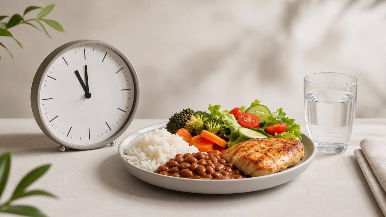 Relógio e refeição equilibrada com frutas, legumes, grãos e água sobre uma mesa clara