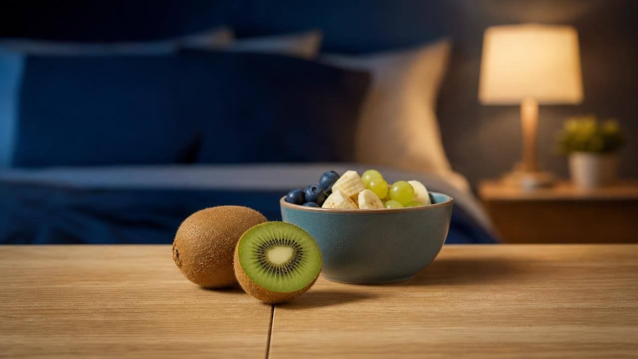 Kiwi cortado ao lado de uma pequena tigela com frutas frescas em mesa de cabeceira, em ambiente noturno e acolhedor