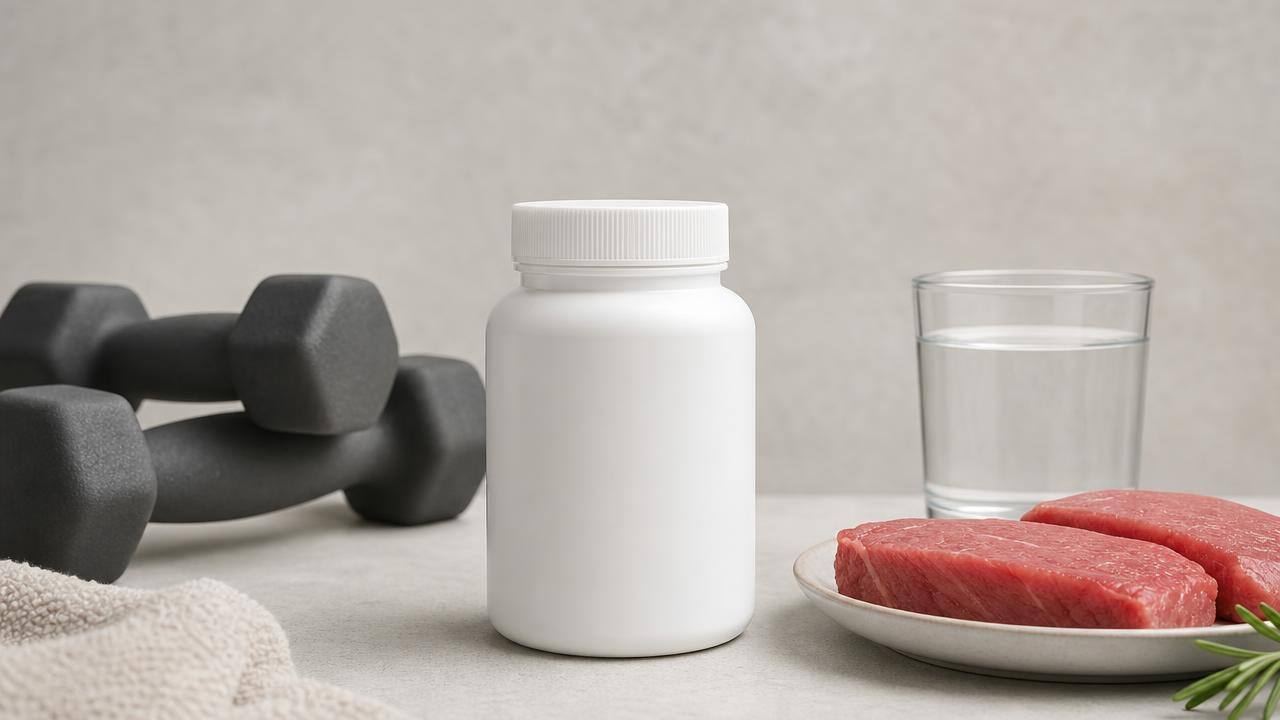 Frasco de suplemento de L-carnitina ao lado de alimentos e acessórios de treino em composição limpa