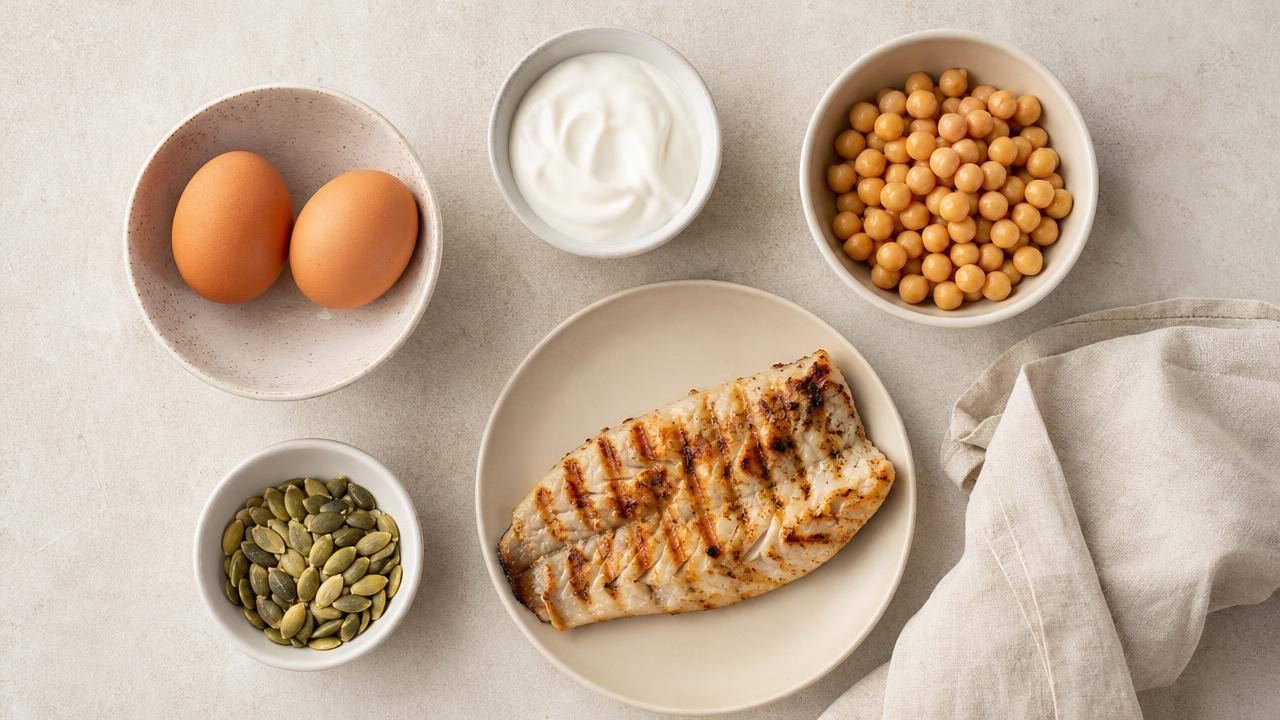 Alimentos fonte de triptofano, como ovos, sementes de abóbora, iogurte e leguminosas, organizados em uma mesa clara