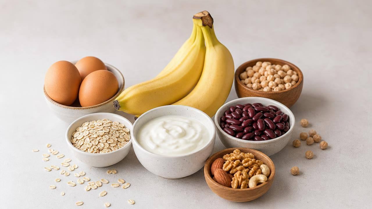 Alimentos fonte de proteína, como ovos, leite, leguminosas e castanhas, organizados em mesa clara para ilustrar o L-triptofano.