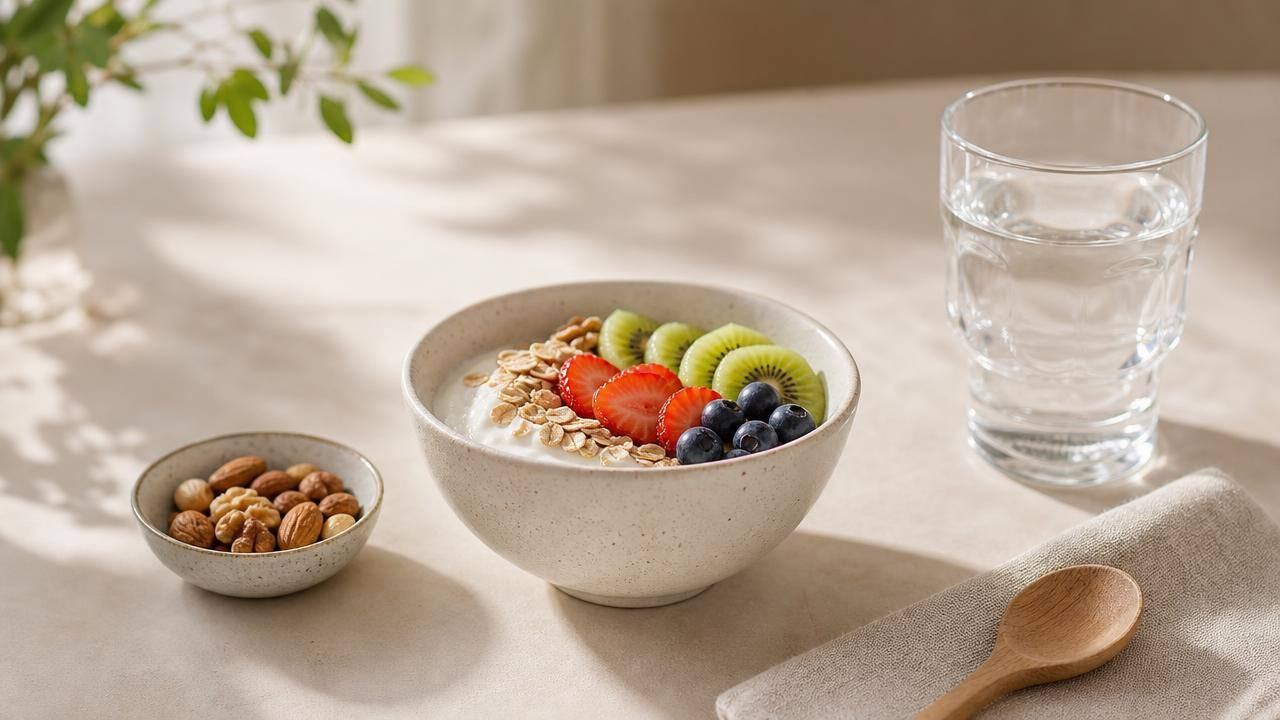 Lanche saudável com fruta, iogurte natural, aveia e castanhas em uma mesa clara