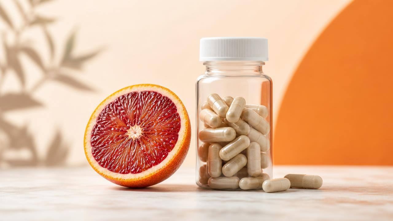 Cápsulas de suplemento de laranja Moro ao lado de uma laranja vermelha cortada, em fundo claro e limpo