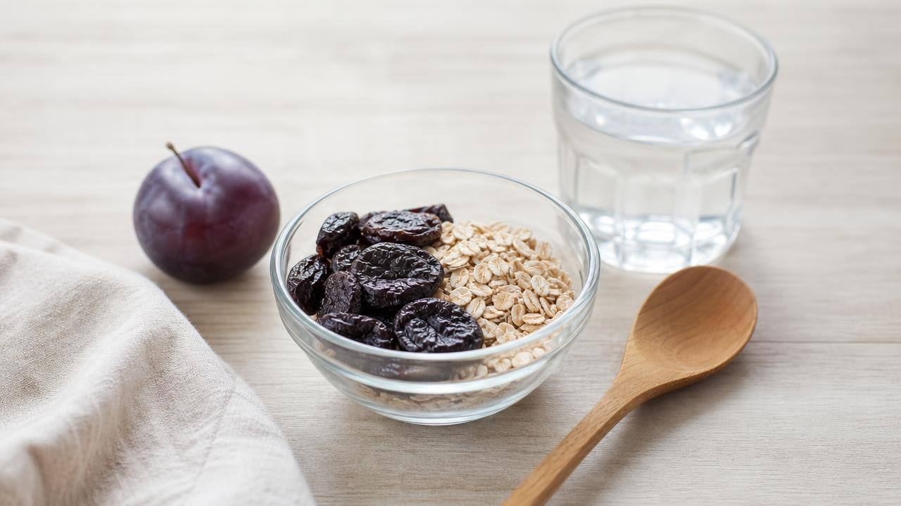 Tigela com ameixas secas, aveia e copo de água sobre mesa clara, representando cuidados alimentares para prisão de ventre