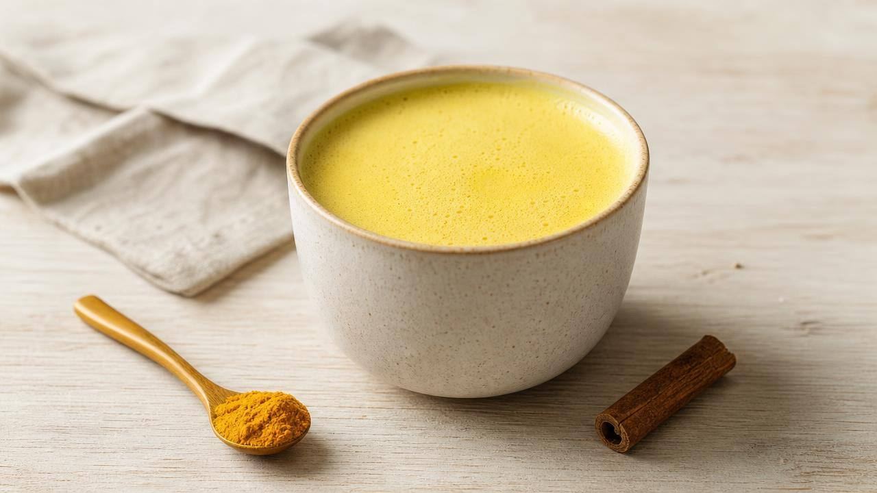 Xícara de leite dourado com cúrcuma sobre mesa clara, ao lado de uma pequena colher com açafrão-da-terra em pó