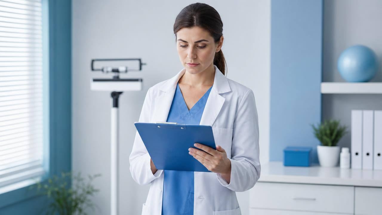Profissional de saúde analisando informações sobre medicamento para obesidade em ambiente clínico