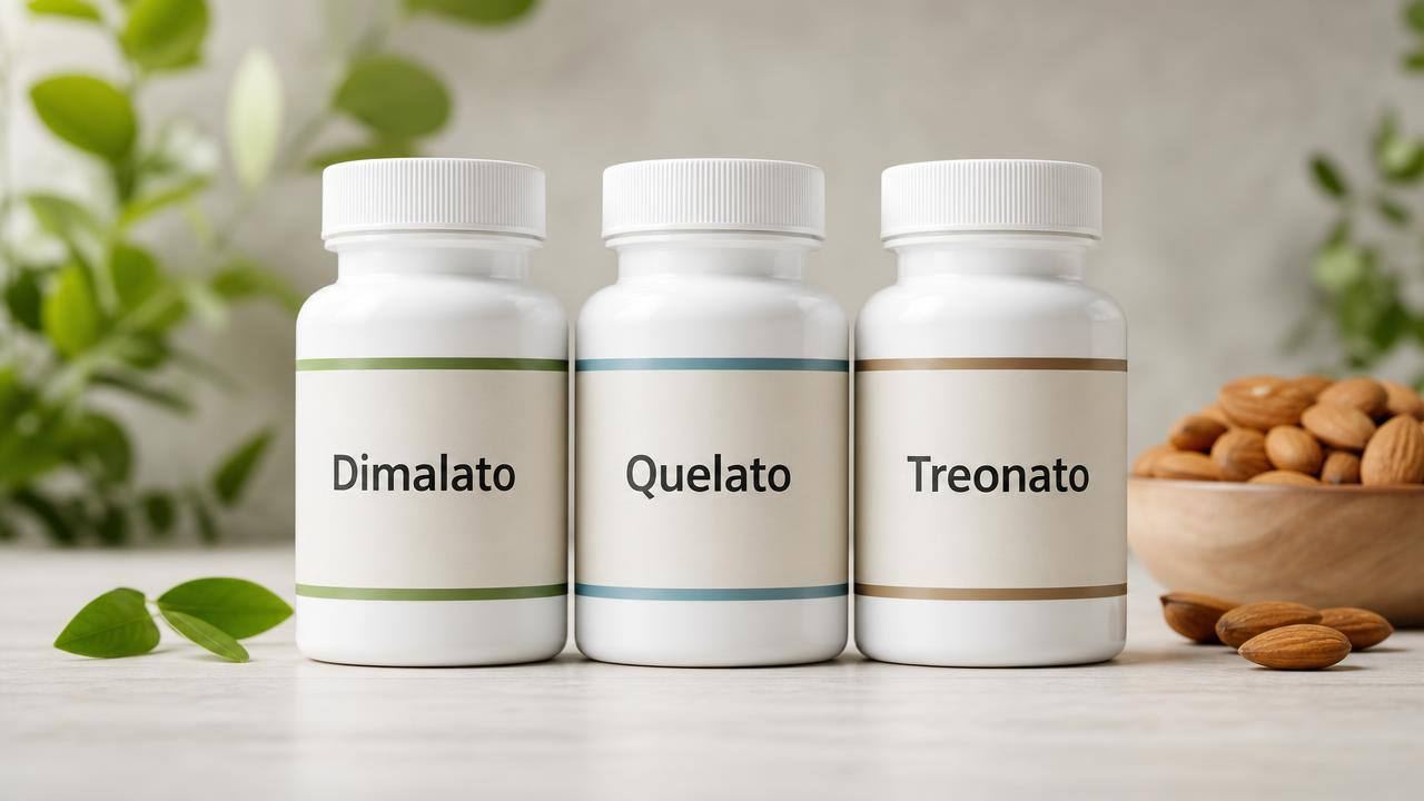Frascos neutros de suplementos de magnésio dimalato, quelato e treonato organizados sobre fundo claro