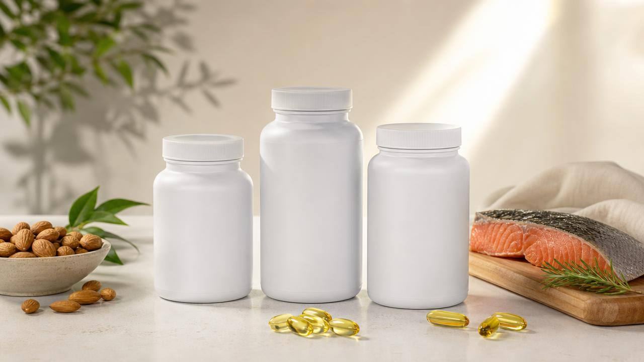 Frascos de suplementos de magnésio, ômega 3 e vitamina D organizados sobre fundo claro e profissional