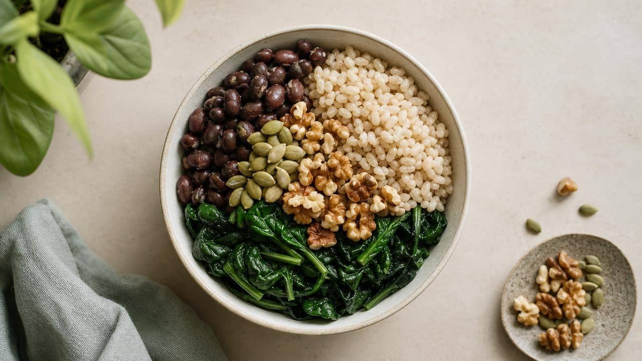 Tigela com feijão, folhas verdes, sementes e castanhas sobre mesa clara, representando alimentos fontes de magnésio