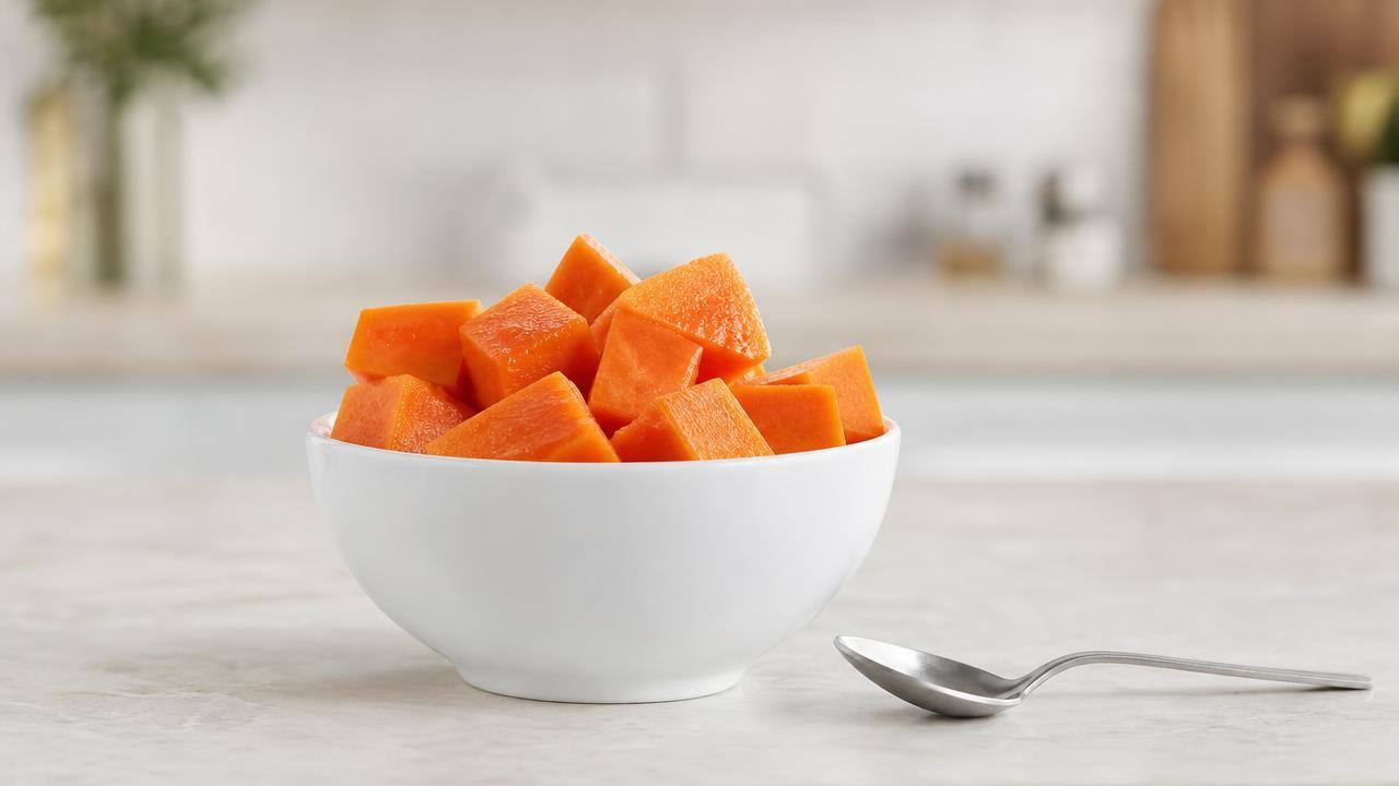 Mamão cortado em cubos em uma tigela clara, com colher e fundo de cozinha clean