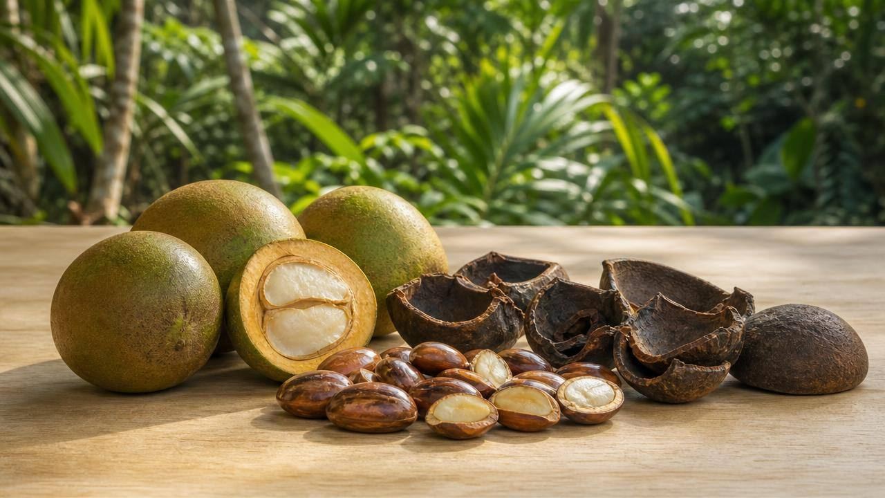 Sementes e fruto maduro de Irvingia gabonensis sobre uma mesa de madeira clara em ambiente natural